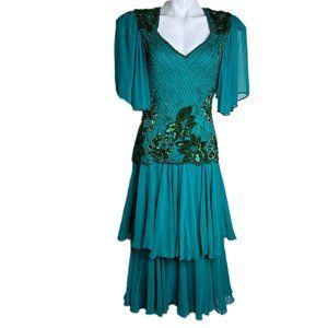 Vintage Beaded Formal Showmax Silk Green Dress V-Neck Medium